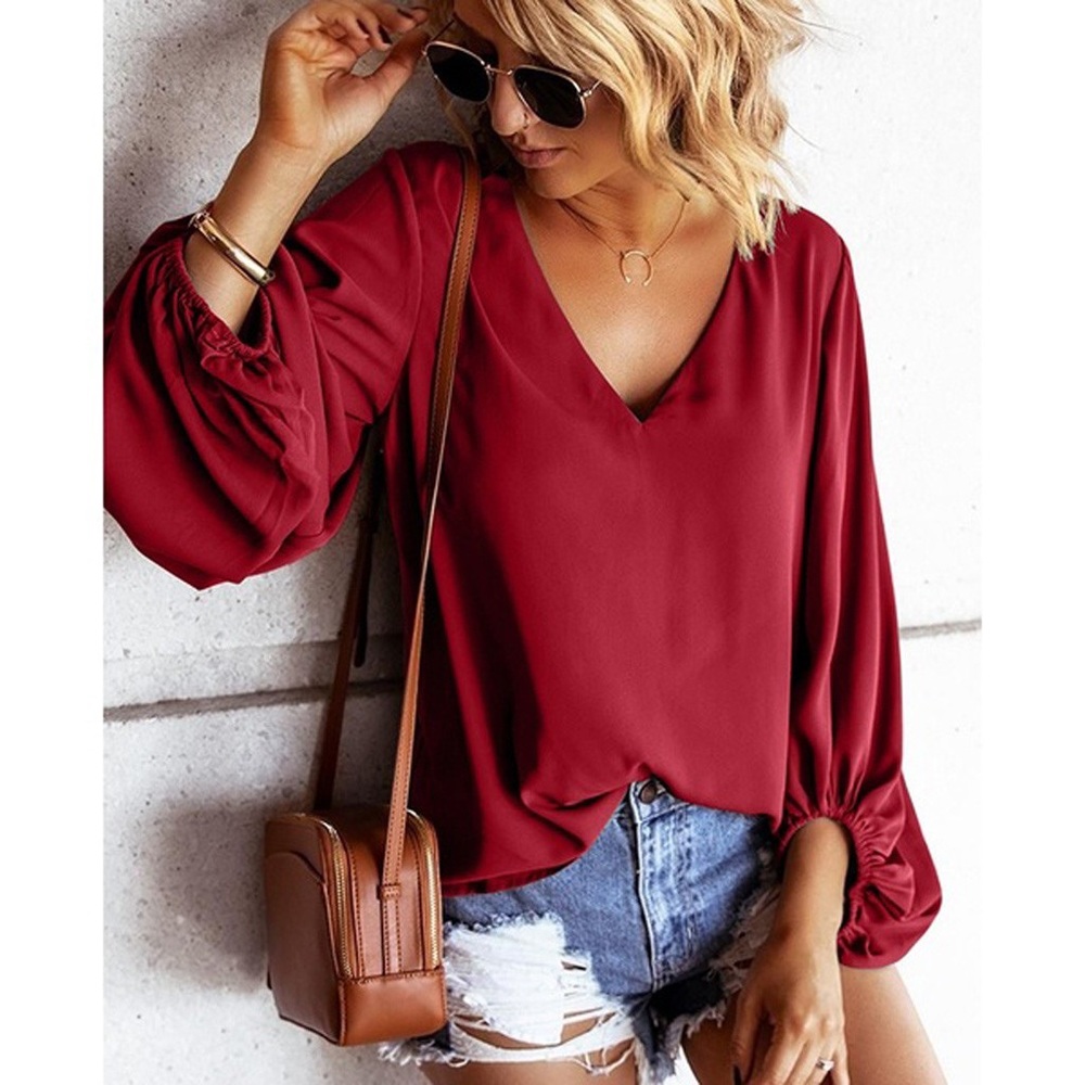 🆕 Ballon Sleeve V-neck Red Tunic M